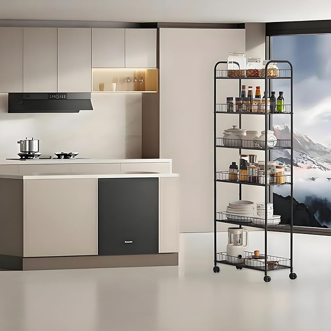 6-Tier Slim Storage Cart with Wheels,10in Wide Black Narrow Rolling Shelf,Sturdy Slim Storage Ideal for Kitchen, Bathroom, and Laundry Room