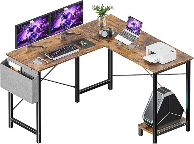 Whitmor L Shaped Gaming Desk - 50 Inch Reversible Corner Computer Desk with Wood Top, Metal Frame, CPU Stand & Side Bag, Home Office Dorm Sturdy Writing Workstation, Brown