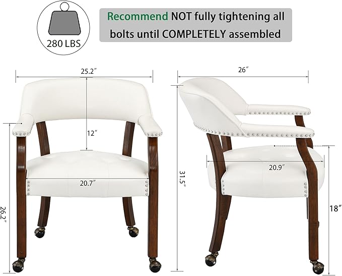 LEEMTORIG Large Dining Chairs with Casters and Arms, Rolling Dining Chairs with Wheels, Accent Game Poker Chairs, Wood Boss Caption's Chairs, 26“Dx25.2 Wx31.5“H, Cherry Legs & Ivory PU, SY-1533-WT