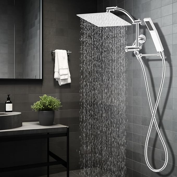 Hibbent All Metal 10'' Rainfall Shower Head, Dual Shower Head Combo, High Pressure Handheld Shower Wand, 16'' Adjustable Arc-shaped Shower Extension Arm, 71'' Hose, Showerhead Holder, Chrome