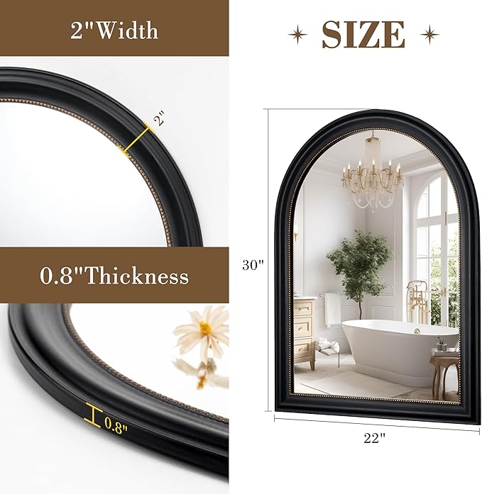 Axeman 22x30 Arched Wall Mirror, Decorative Bathroom Mirror, Traditional Vintage Wall Mounted Mirror with Beaded Frame for Accent Living Room Vanity Bedroom Entryway, Black
