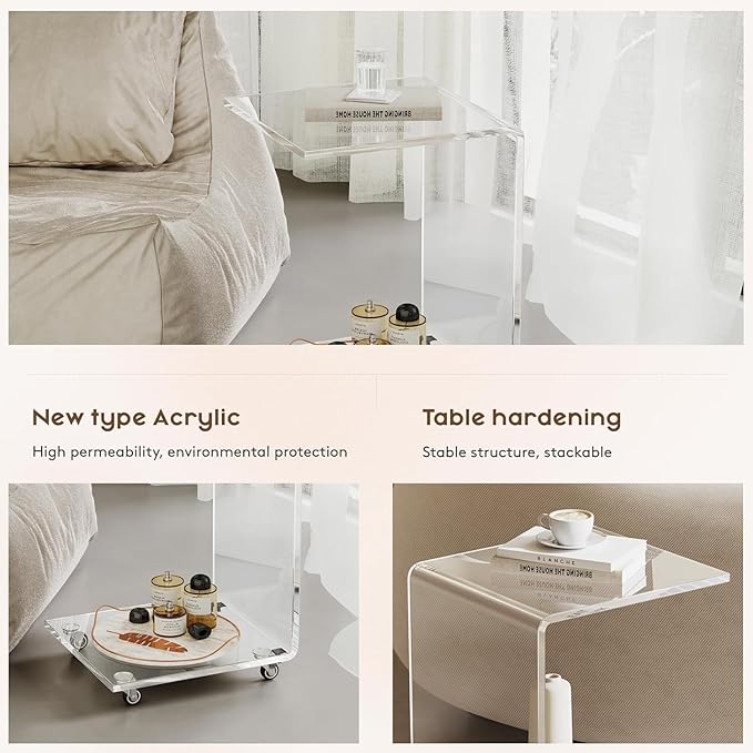 Modern Acrylic Side Table, C-Shaped Sofa Table Nightstand with Storage and Lockable Wheels for Living Room, Bedroom, Office, Bedside, Couch, 13.38" D x 14.17" W x 21.65" H