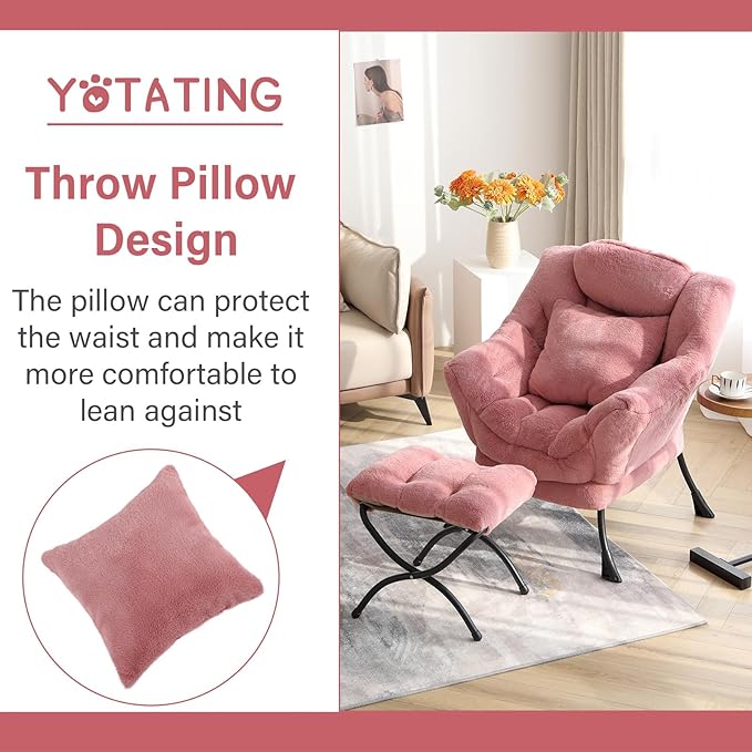 Lazy Chair with Ottoman, Comfy Reading Lounge Chair with Footstool & Throw Pillow Modern with Armrests & Side Pocket for Living Room, Bedroom, Dorm Room, Plush Dark Pink