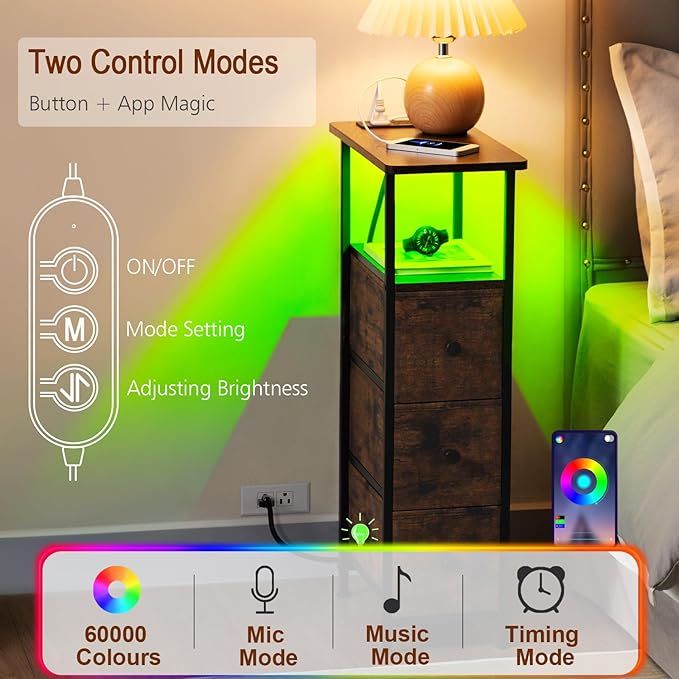 Narrow End Tables Living Room Set of 2 with Charging Station, Skinny Side Table with Fabric Drawers, Slim LED Nightstand for Bedroom, Small Spaces, Couch, Rustic Brown, HETNDP03LPBR