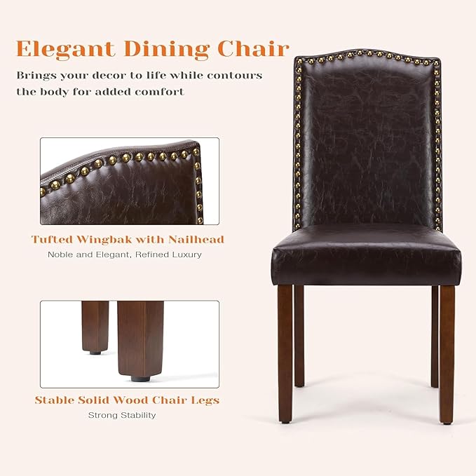 Kitchen Chairs Set of 6 Modern Upholstered Fabric Seat with Nailhead Trim and Ergonomic Lumbar Support for Living Room and Rustic Farmhouse Dining Area, Dark Brown