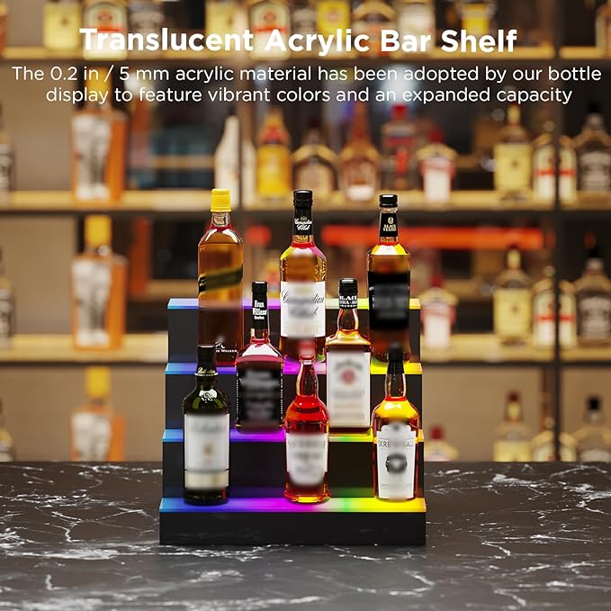 Dethan 4 Tier 16 Inch LED Lighted Liquor Bottle Display Shelf - Illuminated Wine Racks with Multi-Color App & Remote Control, Adjustable Brightness & Sound Modes, Acrylic Bar Shelves for Club Displays