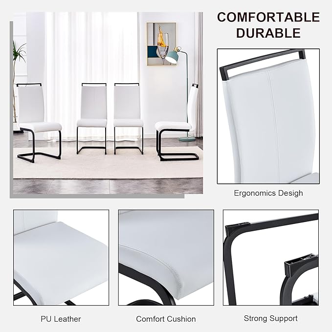 Modern Dining Chairs Set of 6,High Back Kitchen Chairs,Side Room Chair with Black Powder Coating Metal Legs,Easy to Clean Upholstered Dining Chairs,Ideal for Living Room(White Chairs)