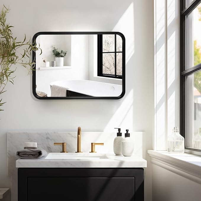 WallBeyond 18x24 Inch Wood Mirror for Bathroom, Wooden Frame Wall Mirror Farmhouse Wall Mounted Rectangle Mirror for Vanity (Horizontal/Vertical Black Color)