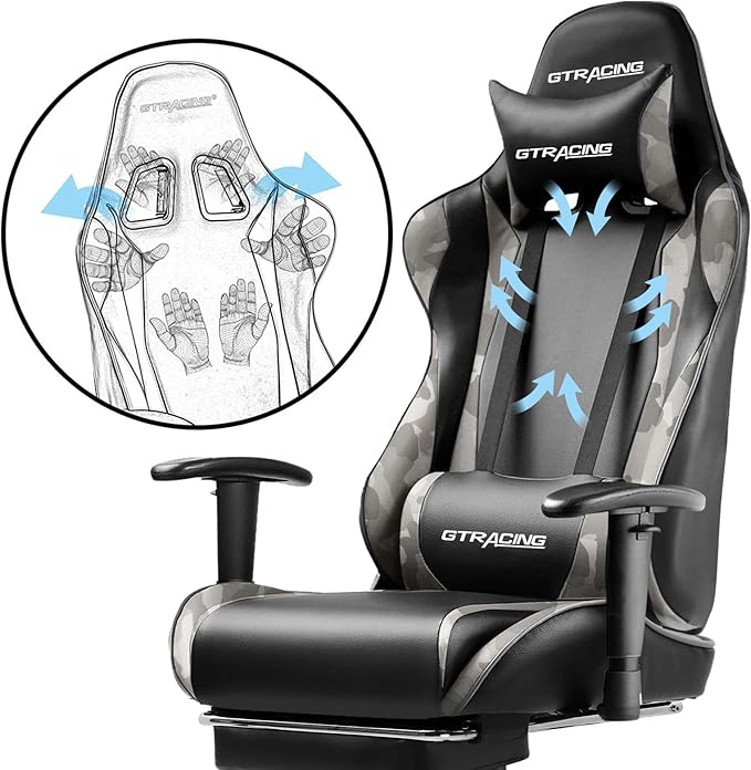 GTRACING Gaming Chair with Footrest, Ergonomic Computer Game Desk Chair, Reclining Gaming Chair Seat Height Adjustment, Swivel Rocker with Headrest and Lumbar (Camouflage)