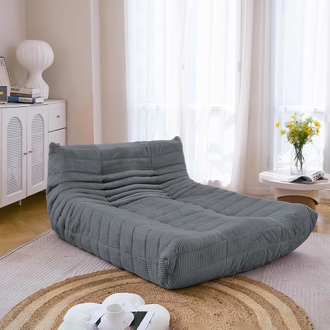 N&V Fireside Lounge Chaise Chair, Mid Century Armless Floor Lounger Sofa, Soft Premium Corduroy Floor Lounge Chair, Foam Sofa Accent Lounger for Living Room Bedroom and Office, Frost Grey