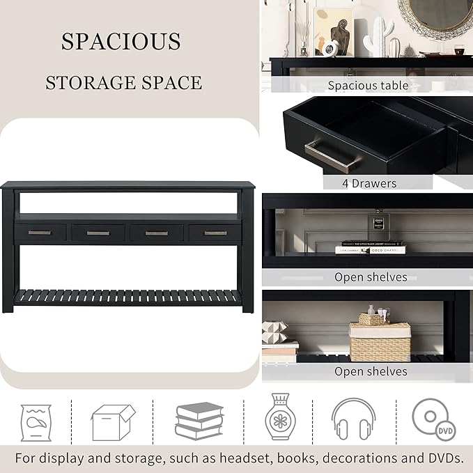 Ball & Cast 62.2“ Contemporary 4 Drawers Console Table, Long Entryway Table with Drawer & 3 Tier Shelves, Modern Storage Sofa Table, Farmhouse Wood Couch Table for Entrance Hallway Living,Black