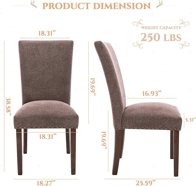 Parsons Dining Chairs Set of 4, Upholstered Nailhead Dining Room Kitchen Side Chair with Thick Cushions and Wood Legs, Brown