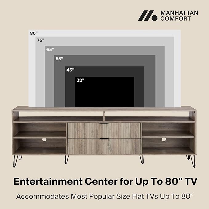 Manhattan Comfort Dumbo Mid Century Modern TV Stand for Televisions up to 80 Inches, Home Entertainment Center with Storage, 6 Shelves, 2 Drawers, No Tool Assembly, 85" Wide, Rustic Grey