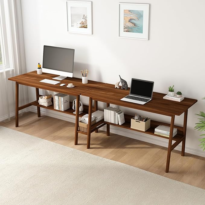 2-Person Writing Desk with Bookshelf - 79" Wooden Extra Long Home Office Work Table, Double Study Computer Workstation with Storage Shelves in Walnut, 79" W x 24" D