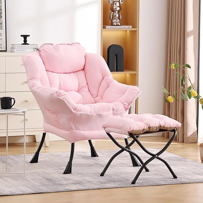 LITA Lazy Chair with Ottoman, Modern Accent Leisure Upholstered Sofa, Contemporary Lounge Reading Chair with Armrests and a Side Pocket for Living Room, Bedroom & Small Space, Pink