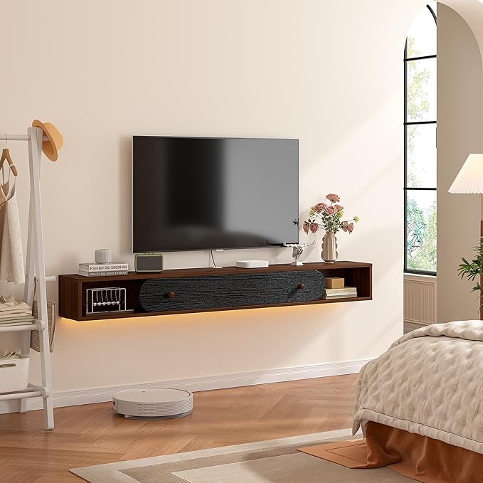 Floating TV Stand Wall Mounted 55'', Modern Media Console with 2 Open Cabinets and 1 Door,Wall Mount TV Console for Living Room Bedroom,Walnut and Black