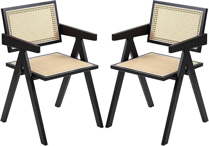 Rattan Dining Chairs Set of 2, Modern Mid Century Dining Chairs with Arms, Outdoor Bamboo Chairs for Bedroom, Living Room, Reading Room, Black
