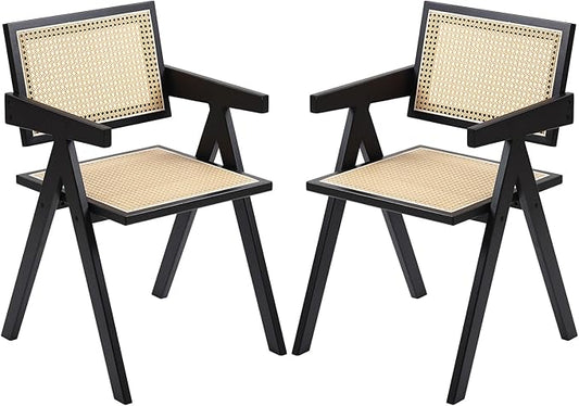 Rattan Dining Chairs Set of 2, Modern Mid Century Dining Chairs with Arms, Outdoor Bamboo Chairs for Bedroom, Living Room, Reading Room, Black