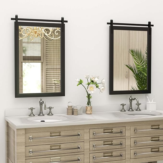 PAIHOME Black Farmhouse Mirror for Bathroom, 22x30INCH Wood Framed Rectangle Bathroom Mirrors for Vanity, Barn Door Style Mirrors Wall Mounted Dresser Decor Mirror Living Room Bedroom Vertical