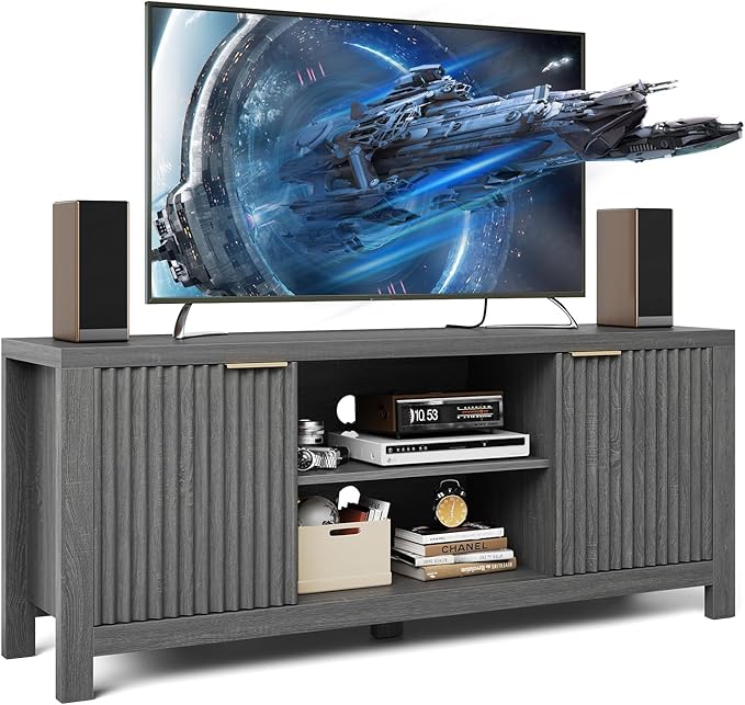 59" TV Stand for TVs Up to 65 Inches, Mid Century Modern TV Entertainment Center with Storage Cabinets & Open Shelves, Wood TV Cabinet for Living Room, Gray Oak