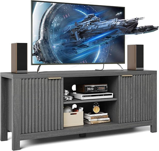 59" TV Stand for TVs Up to 65 Inches, Mid Century Modern TV Entertainment Center with Storage Cabinets & Open Shelves, Wood TV Cabinet for Living Room, Gray Oak