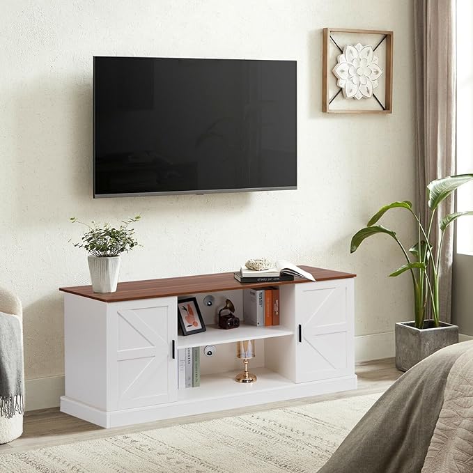 HollyHOME Farmhouse TV Stand for Televisions up to 65”, Wood Entertainment Center with Storage Cabinets and Adjustable Shelves, Media TV Console Table for Living Room and Bedroom, White
