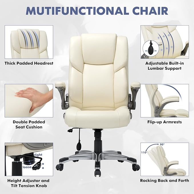 COLAMY High Back Executive Office Chair- Ergonomic Home Computer Desk Leather Chair with Padded Flip-up Arms, Adjustable Tilt Lock, Swivel Rolling Chair for Adult Working Study-Ivory