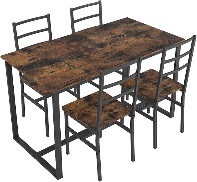 5-Piece Dining Table Set with 4 Chairs, 47.2" Kitchen Table Chairs Set of 4, Rectangular Industrial Style Dining Room Table Set with Backrest, Perfect for Small Space, Brown
