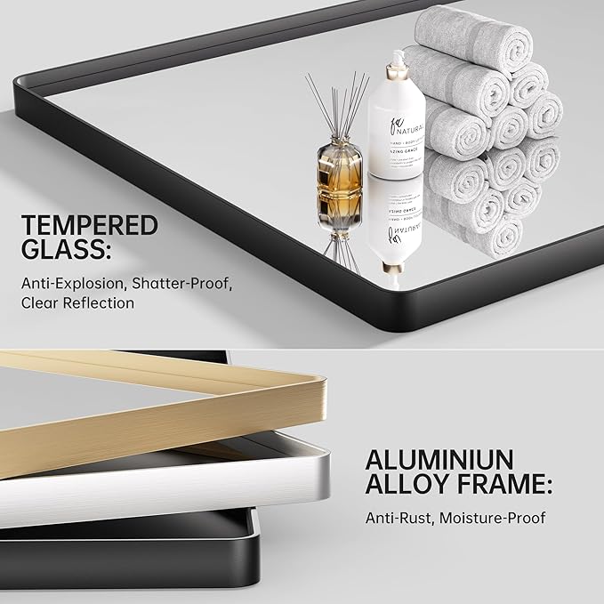 Hasipu Black Bathroom Mirror for Wall, 60 x 36 Inch Metal Framed Bathroom Mirrors for Over Sink, Rectangle Bathroom Vanity Mirror, Anti-Rust, Tempered Glass, Horizontal or Vertical