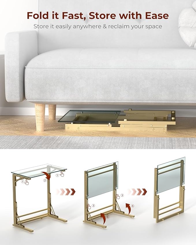 Tatub 24" Folding TV Tray Table, Glass C Shaped End Table for Couch, Small Sofa-Side Laptop Desk with Gold Metal Frame for Living Room, Bedroom, Bedside