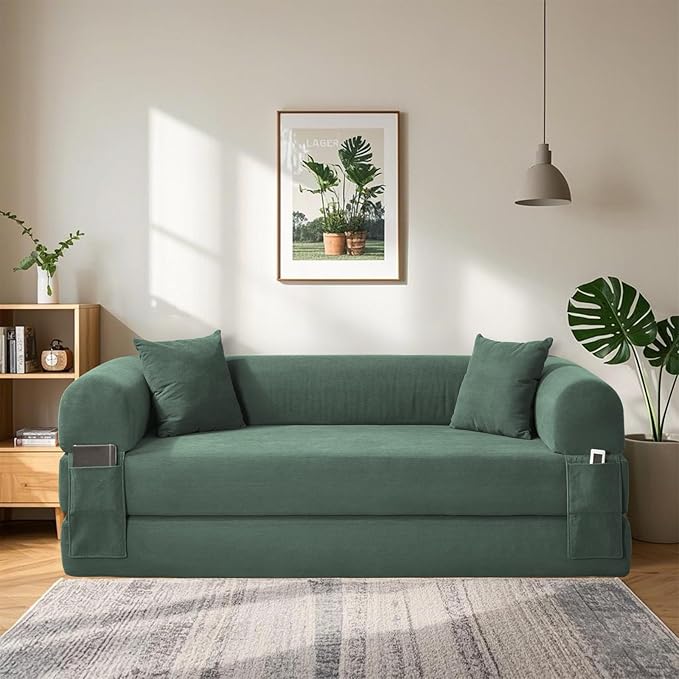 80" Convertible Sofa Bed, 3-in-1 Corduroy Folding Pull Out Couch with Pillows, No Assembly Modern Boneless Couch Compression Sofa in Box, Floor Sofa with Side Storage for Living Room,Light Green