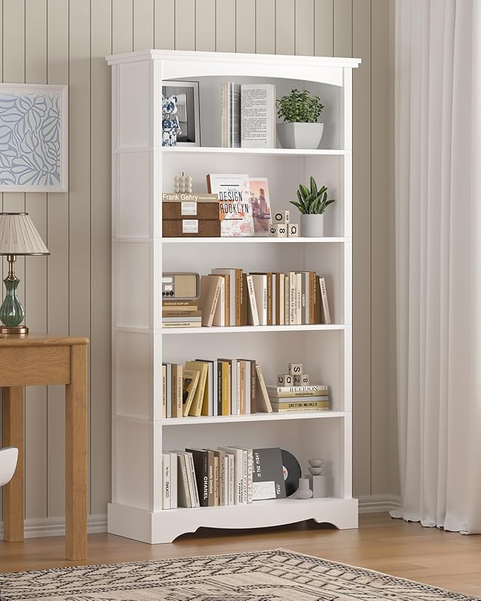 TVU 5-Tier Wooden Bookshelf, 65 Inch Tall Bookshelf with Storage, Floor Standing Modern Style Display Bookcase for Living Room, Office, Study Room, Entryway, White