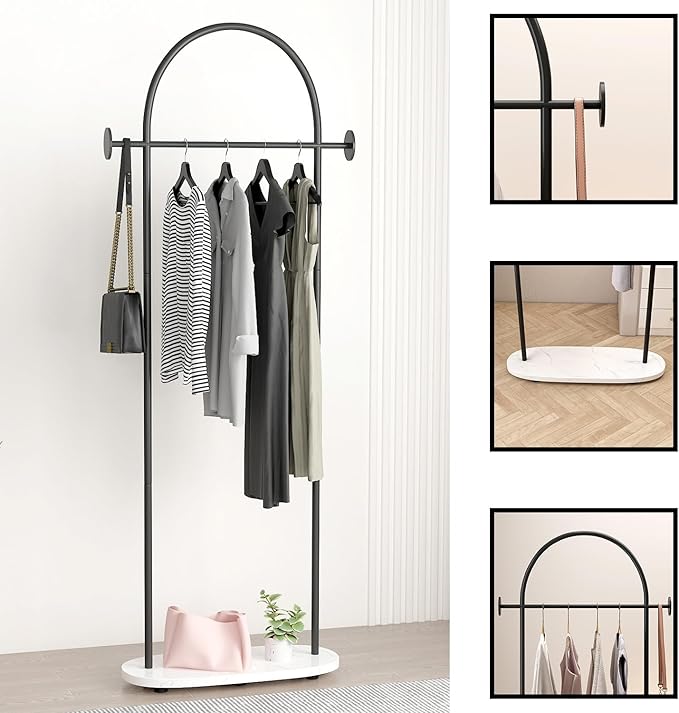 Black Clothing Racks, Modern Industrial Clothes Rack with Shelf, Heavy Duty Freestanding Coat Rack, Metal Coat Hanger Stand with Hooks for Boutique Office