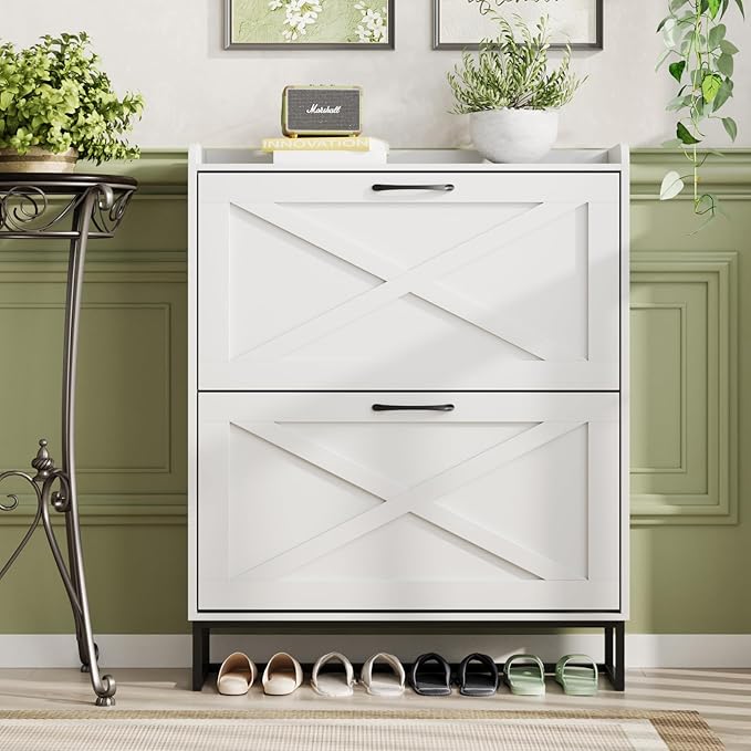 Maupvit Shoe Cabinet with 2 Flip Drawers, Freestanding Shoe Cabinet Organizer with Metal Legs, Shoes Storage Cabinet for Entryway, Narrow Shoe Rack Cabinet, White