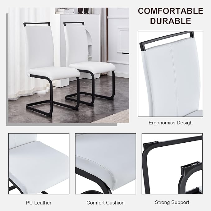 Modern Dining Chairs Set of 4,High Back Kitchen Chairs,Side Room Chair with Black Powder Coating Metal Legs,Easy to Clean Upholstered Dining Chairs,Ideal for Living Room(White Chairs)