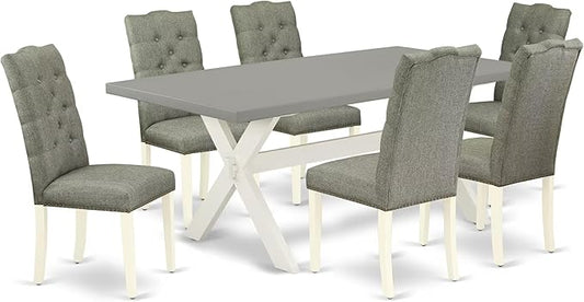 East West Furniture X097EL207-7 7 Piece Dining Room Table Set Consist of a Rectangle Kitchen Table with X-Legs and 6 Gray Linen Fabric Parson Dining Chairs, 40x72 Inch, Multi-Color