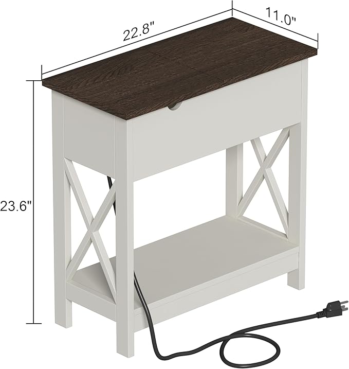 ChooChoo End Table with Charging Station, Narrow Flip Top Side Table with USB Ports & Power Outlets for Small Spaces, Nightstand Sofa Table for Living Room, Bedroom, White and Brown, 2 Pack