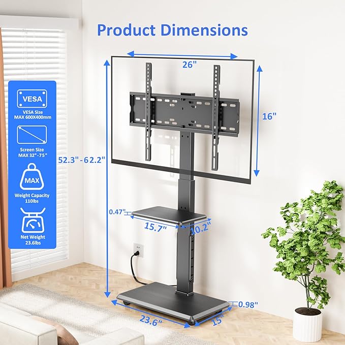 Rolling TV Stand with Power Outlet, Mobile TV Cart for 32-75 Inch TVs up to 110 lbs, 18 Adjustable Heights, Max VESA 600x400mm, TV Floor Stand with Swivel Mount/Shelf/Wheels, Fits for Bedroom, Outdoor