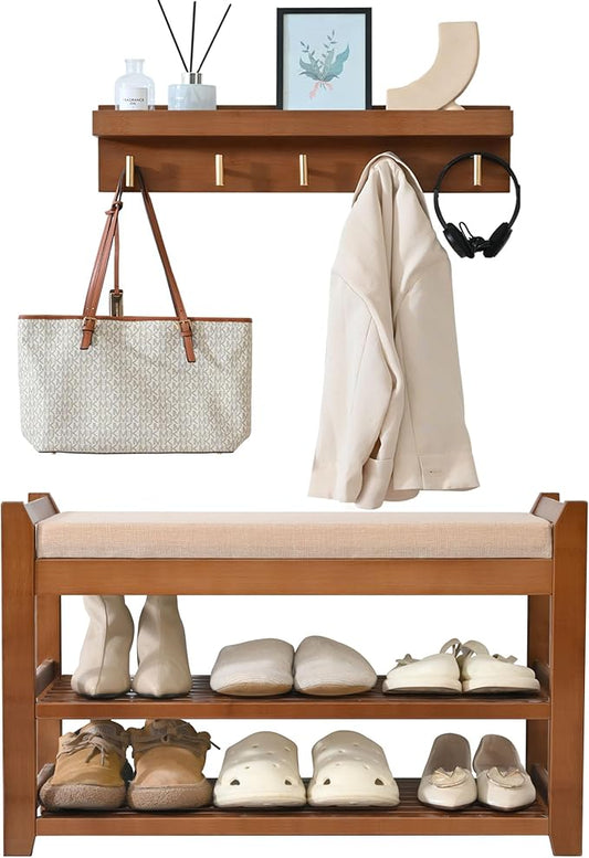 Shoe Rack for Front Door Entrance, 28” Entryway Bench with Coat Rack, Hall Tree Shoe Bench with Storage for Entry, Hallway, Bedroom, Living Room