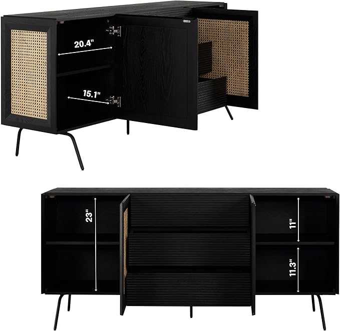 NTC MOSSIC Sideboard with 2 Doors and 3 Drawers, Buffet Cabinet with Natural Rattan and Metal Legs, Modern Storage Cabinet for Living Room, and Hallway, Effortless Assembly - Burnt Black