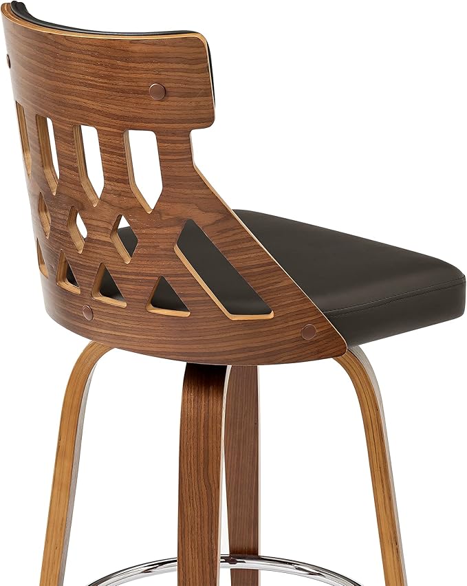 Armen Living Crux Mid Century Modern Swivel Bar Stool for Kitchen Island Counter in Brown Faux Leather and Walnut Wood, 26" Seat Height
