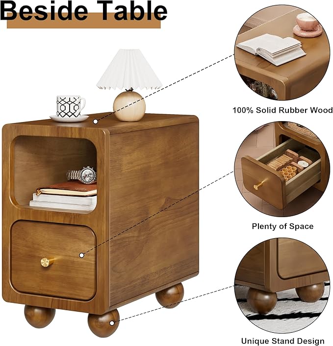 Solid Wood Nightstand, Narrow Night Stand with Drawers, Walnut Mid Century Modern Nightstand, Small Beside Table with Open Storage Shelf for Bedroom (10 inch)