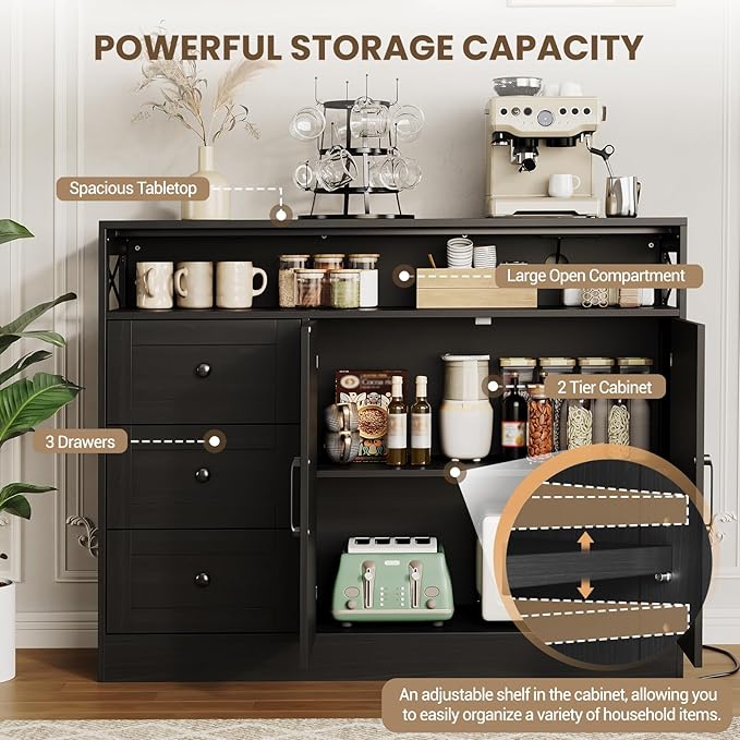 47" Farmhouse Sideboard Buffet Cabinet with Storage & Built-in Power Outlet,Coffee Bar Table Kitchen Buffet Cabinet with 3 Drawers and Barn Doors, Adjustable Shelves for Living Room Dining Room Black