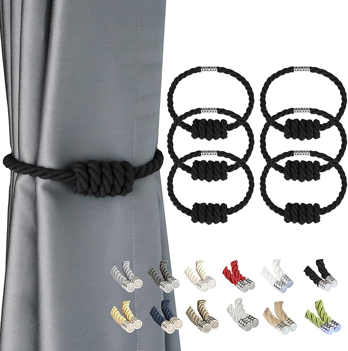 BEL AVENIR Magnetic Cotton Curtain Tiebacks, Decorative Drapery Holdbacks Modern Woven Tie-Backs with Exquisite Knot (Black Cotton, 6 Pack)