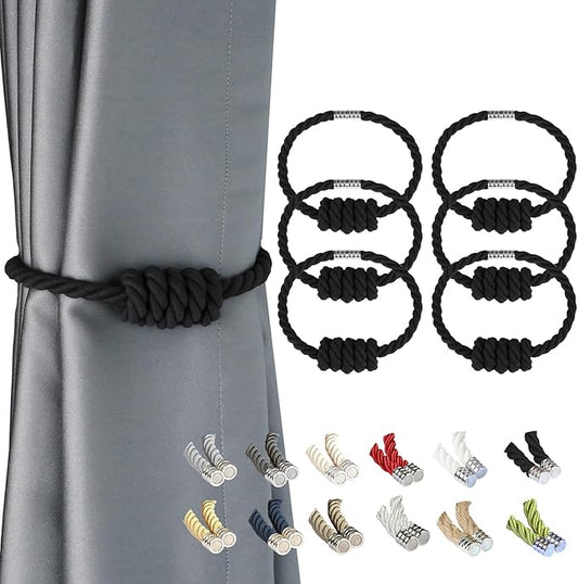 BEL AVENIR Magnetic Cotton Curtain Tiebacks, Decorative Drapery Holdbacks Modern Woven Tie-Backs with Exquisite Knot (Black Cotton, 6 Pack)