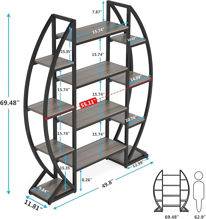 Tribesigns Oval Bookshelf, Triple Wide 5 Tier Etagere Bookcases, Industrial Display Shelves for Living Room (Gray, 55")