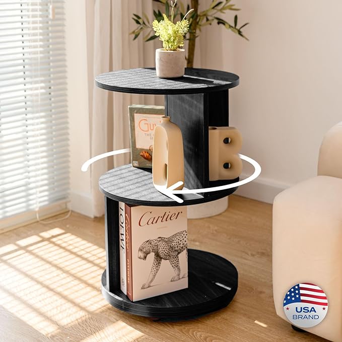 KAYMILY Living Room Side Table, Office Round Bookshelf End Table, Bedroom Mid Century Modern Nightstands, Contemporary Accent Tables - Easy Assembly - MDF Wood - Revolving - Black
