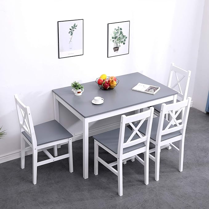 soges Dining Table Set for 4, 42.5 inch Pine Wood Dining Room Table with 4 Chairs, 5-Piece Kitchen Table Chairs Set for Small Space, Apartment, Dinette, Breakfast, White & Grey
