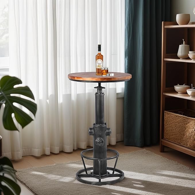 Industrial Bistro Bar Table 38.6-44.4inch Height Adjustable Farmhouse Pub Table for Kitchen Dinning Room Office Swivel Wooden Top