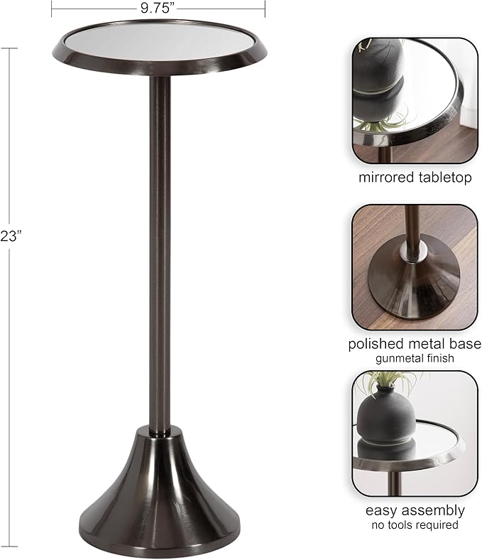 Kate and Laurel Sanzo Modern Pedestal Drink Table, 10 x 10 x 23, Gray Gunmetal, Decorative End Table with Mirrored Tabletop for Use as Small Plant Stand or Cute Martini Table